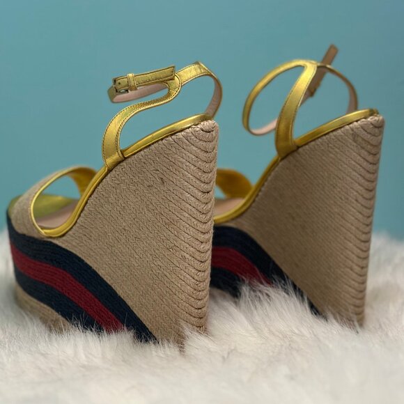 Gucci Gold Metallic Leather Jute Platform Espadrille Sandals Rare Find, 35.5Size - Picture 4 of 11